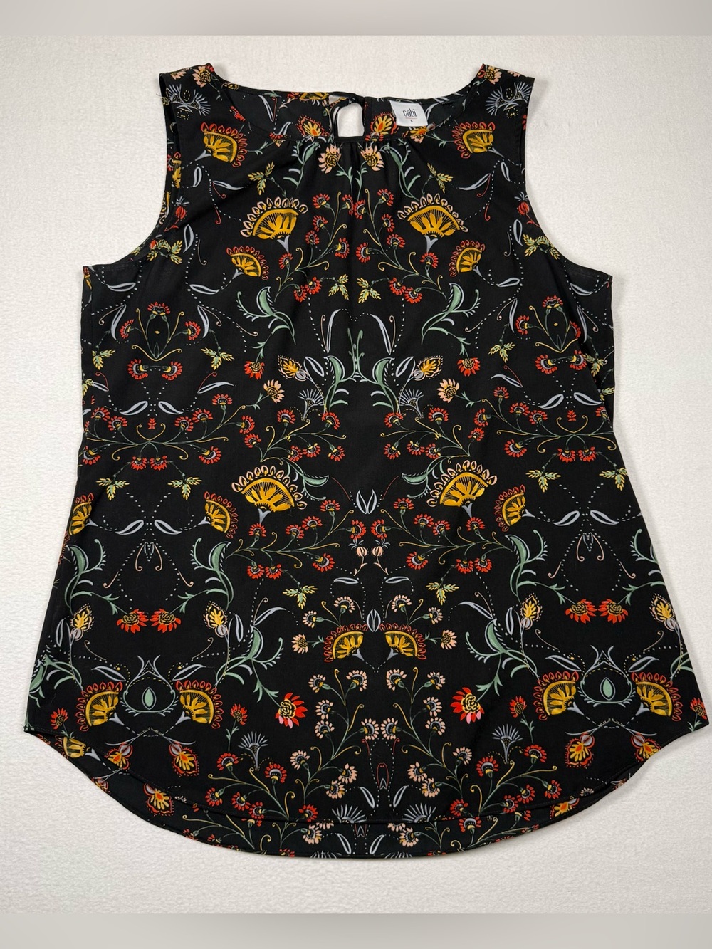 cabi #3621 Legend Blouse Black Folklore Print Sleeveless Top Women LARGE